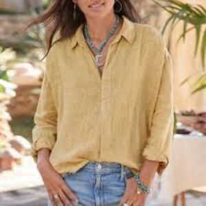 Mate linen medium Elegant Mustard Button-Down Shirt for Women